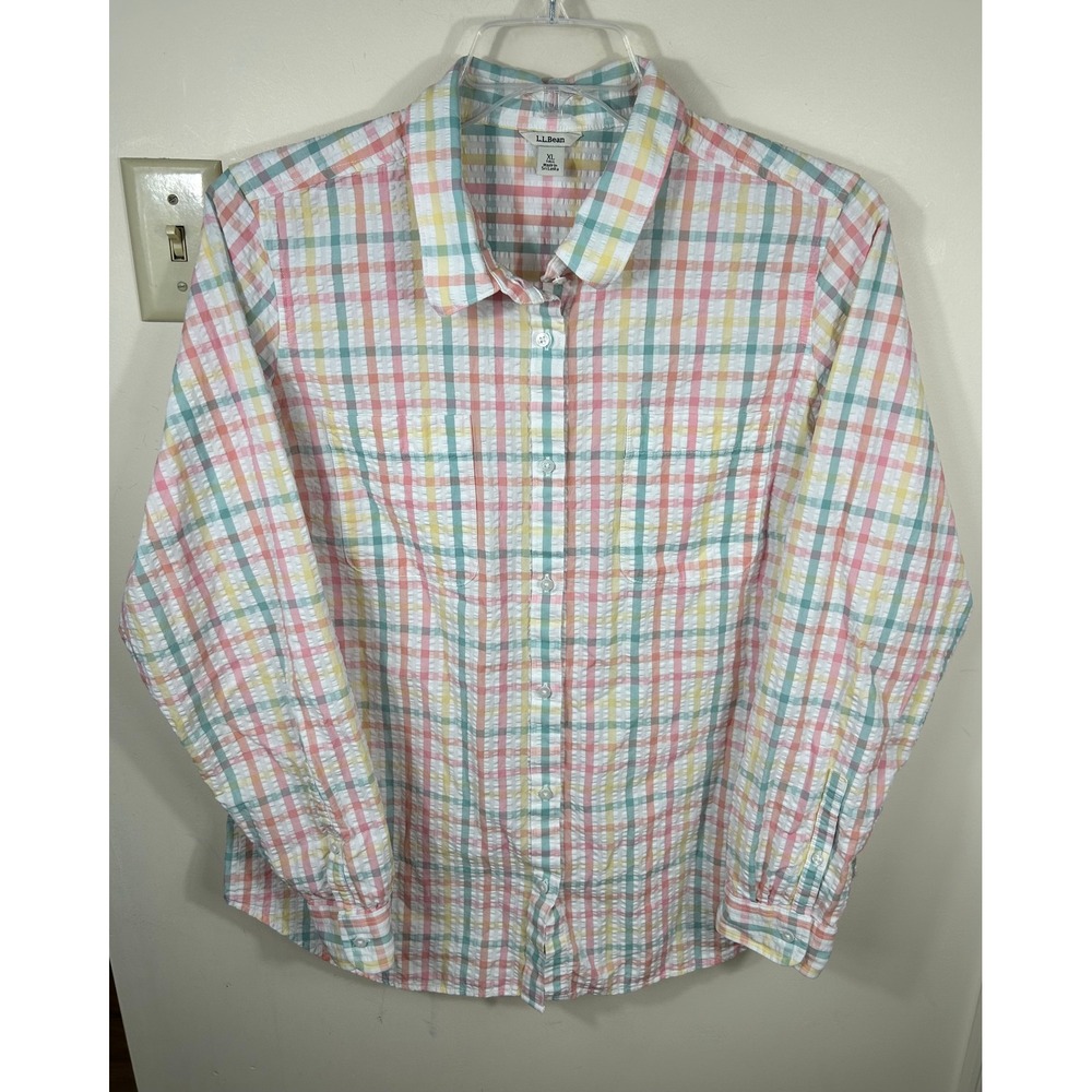 LL Bean Seersucker Shirt Women XL Tall Pastel Plaid Vacationland Coastal Grandma